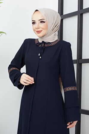 Büyük Beden Nakış İşleme Detaylı Lacivert Ferace
